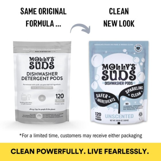 Molly's Suds Dishwasher Pods | Clean Dishwasher Detergent Cuts Grease & Rinses Clean (Residue-Free) for Sparkling Dishes | 120 Auto-Release Tabs